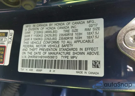 2017 Honda Cr-V Touring из США, поврежденный, VIN 2HKRW1H91HH506613